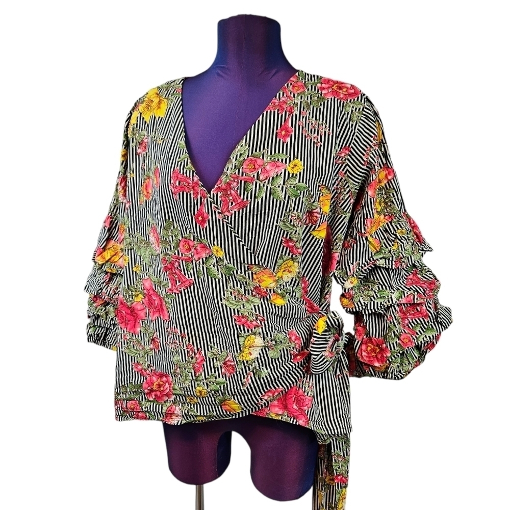 Rainbow Floral & Stripes Tiered Puff Sleeve Wrap Top Size 1X Women's Plus T24